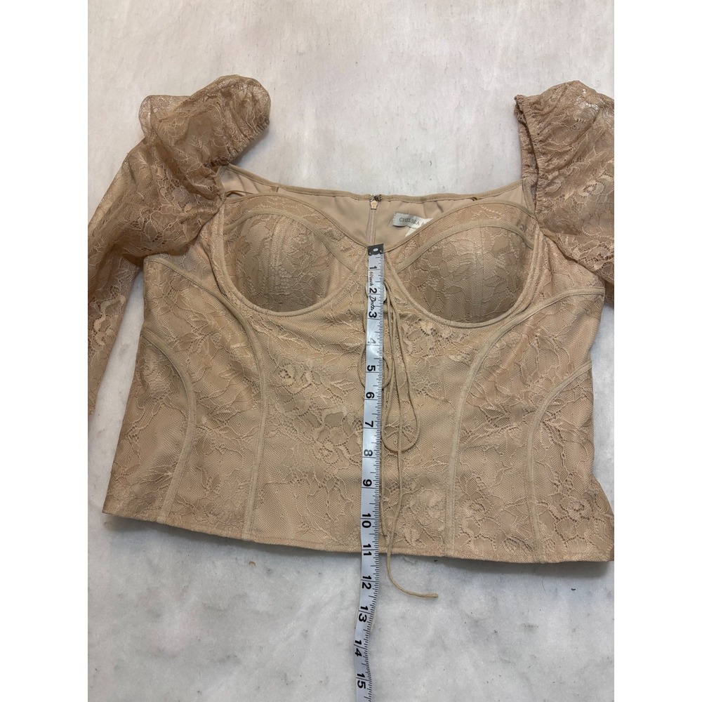 Chelsea & Violet Lace Corset Top Tan Beige Puff Sleeve Bustier Size 12 NEW - Picture 9 of 14